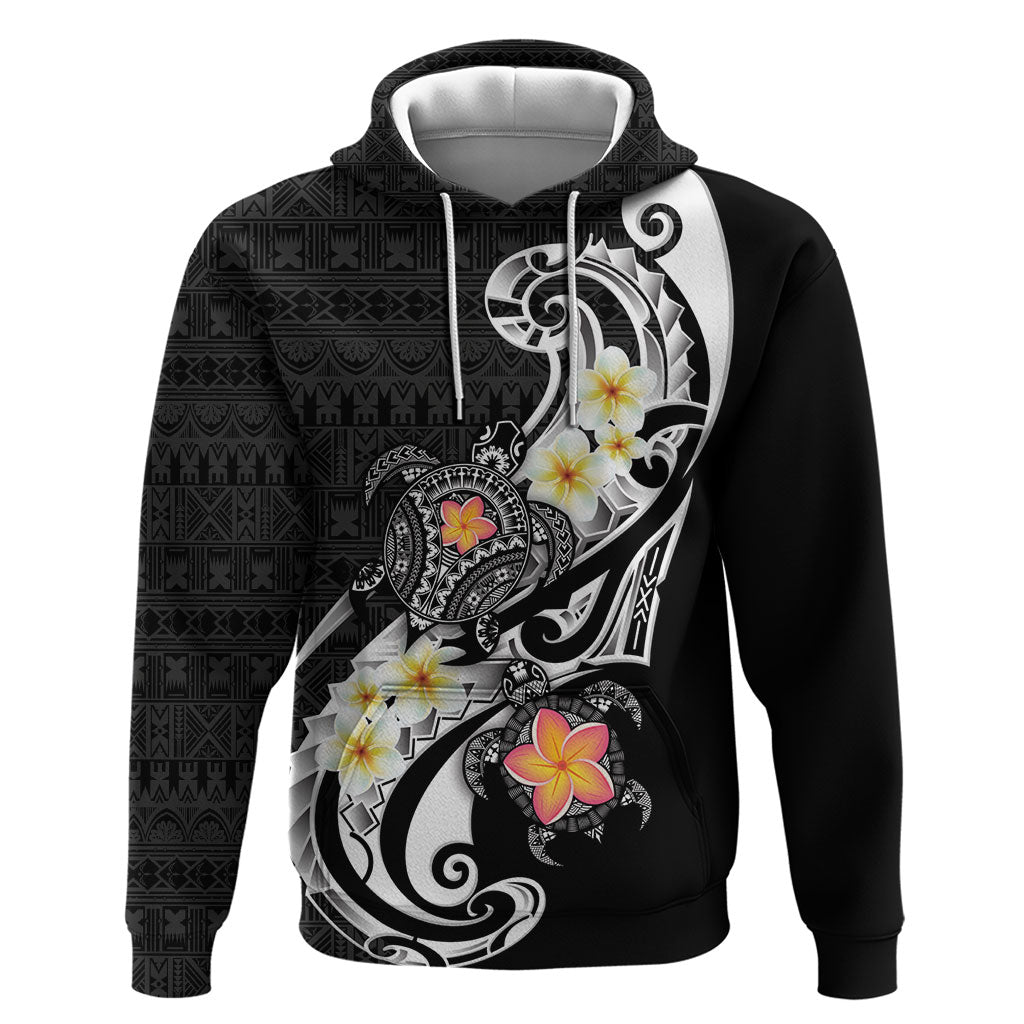 Bula Fiji Tapa Turtle Hoodie Plumeria Fijian Masi Vonu Black LT14 Pullover Hoodie Black - Polynesian Pride