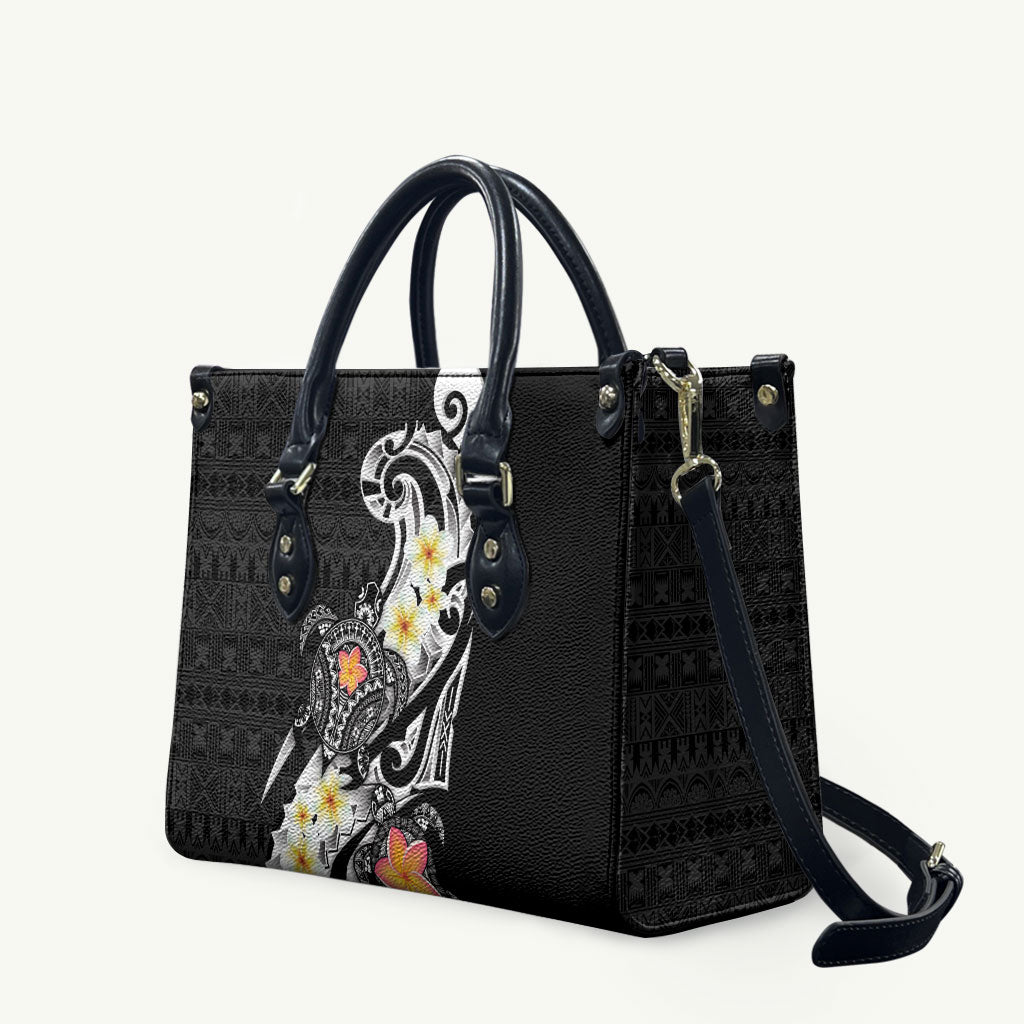 Bula Fiji Tapa Turtle Leather Bag Plumeria Fijian Masi Vonu Black LT14 Black - Polynesian Pride