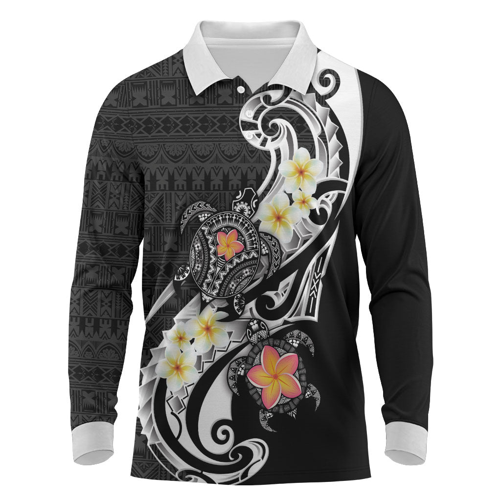 Bula Fiji Tapa Turtle Long Sleeve Polo Shirt Plumeria Fijian Masi Vonu Black LT14 Black - Polynesian Pride