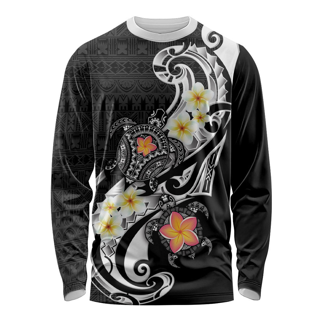 Bula Fiji Tapa Turtle Long Sleeve Shirt Plumeria Fijian Masi Vonu Black LT14 Unisex Black - Polynesian Pride