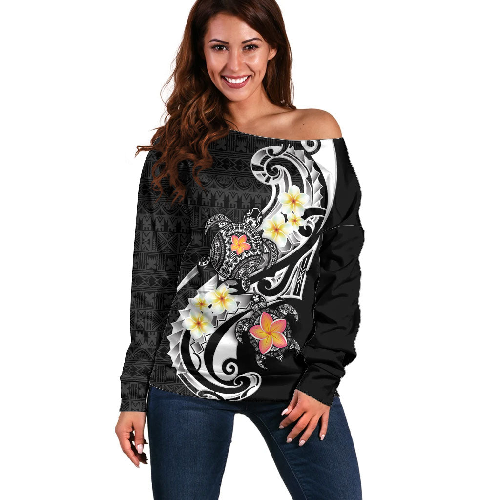 Bula Fiji Tapa Turtle Off Shoulder Sweater Plumeria Fijian Masi Vonu Black
