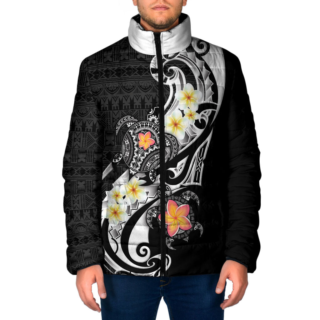 Bula Fiji Tapa Turtle Padded Jacket Plumeria Fijian Masi Vonu Black