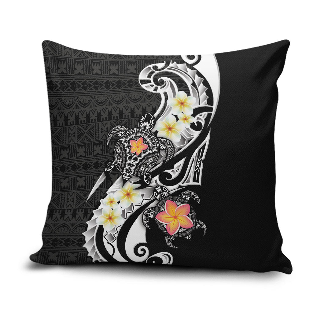 Bula Fiji Tapa Turtle Pillow Cover Plumeria Fijian Masi Vonu Black