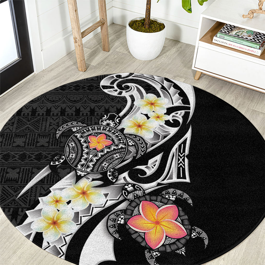 Bula Fiji Tapa Turtle Round Carpet Plumeria Fijian Masi Vonu Black LT14 Black - Polynesian Pride