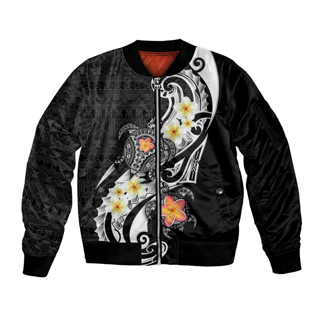 Bula Fiji Tapa Turtle Sleeve Zip Bomber Jacket Plumeria Fijian Masi Vonu Black