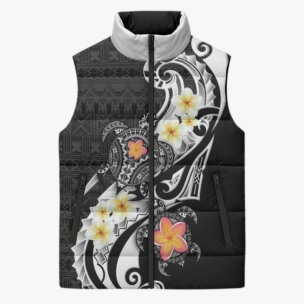 Bula Fiji Tapa Turtle Sleeveless Puffer Jacket Plumeria Fijian Masi Vonu Black