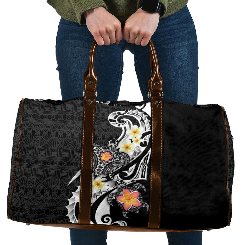 Bula Fiji Tapa Turtle Travel Bag Plumeria Fijian Masi Vonu Black