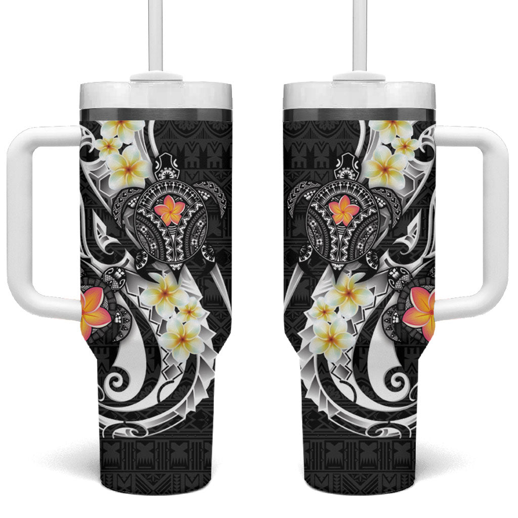 Bula Fiji Tapa Turtle Tumbler With Handle Plumeria Fijian Masi Vonu Black