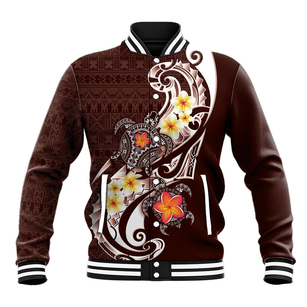 Bula Fiji Tapa Turtle Baseball Jacket Plumeria Fijian Masi Vonu Brown LT14 Unisex Brown - Polynesian Pride