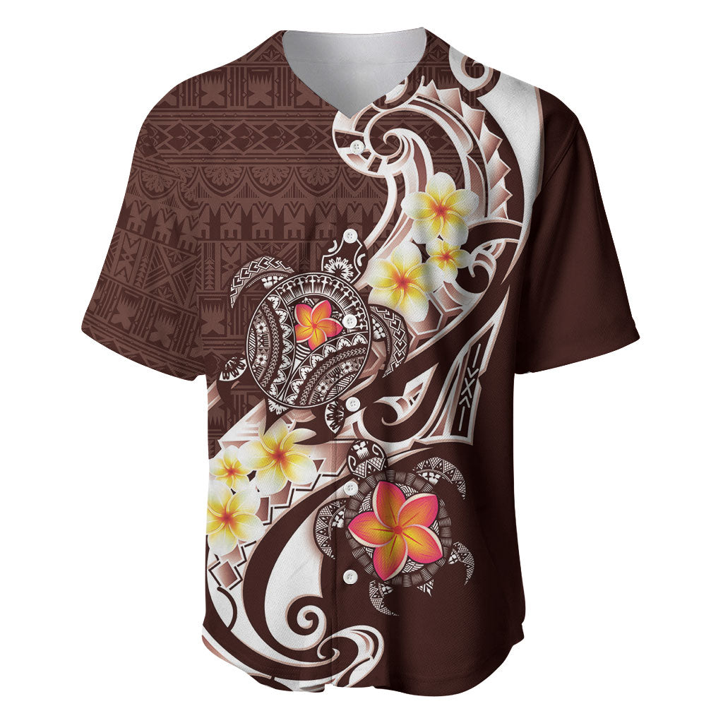 Bula Fiji Tapa Turtle Baseball Jersey Plumeria Fijian Masi Vonu Brown