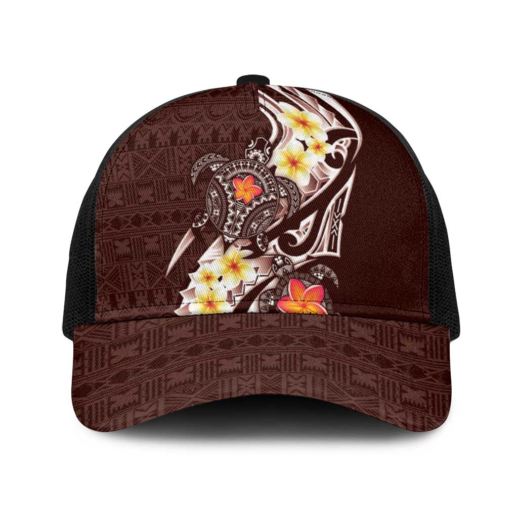 Bula Fiji Tapa Turtle Baseball Net Cap Plumeria Fijian Masi Vonu Brown