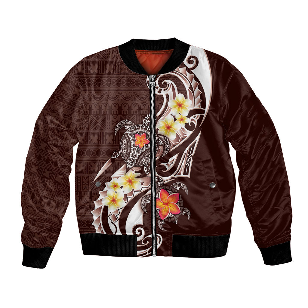 Bula Fiji Tapa Turtle Bomber Jacket Plumeria Fijian Masi Vonu Brown