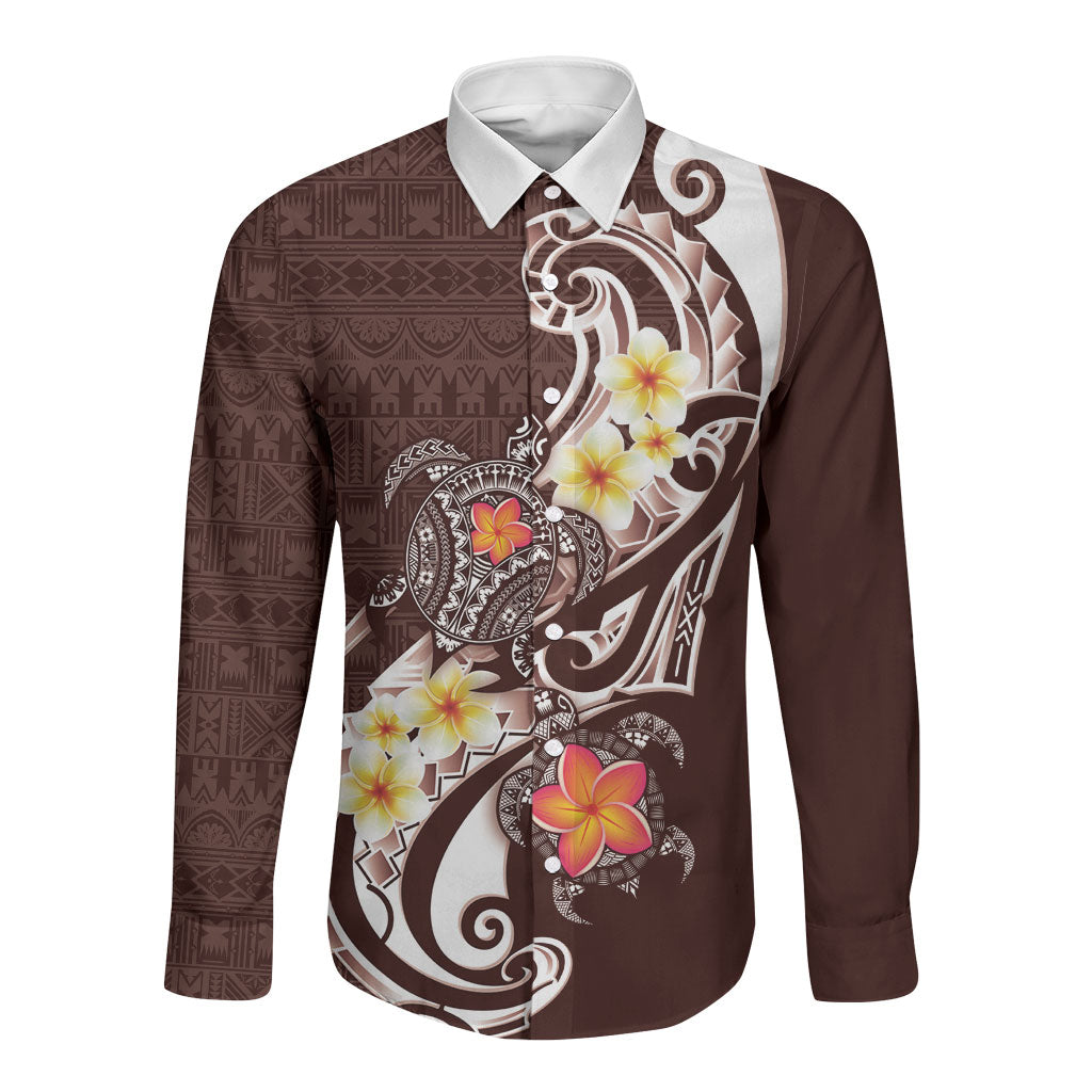 Bula Fiji Tapa Turtle Long Sleeve Button Shirt Plumeria Fijian Masi Vonu Brown