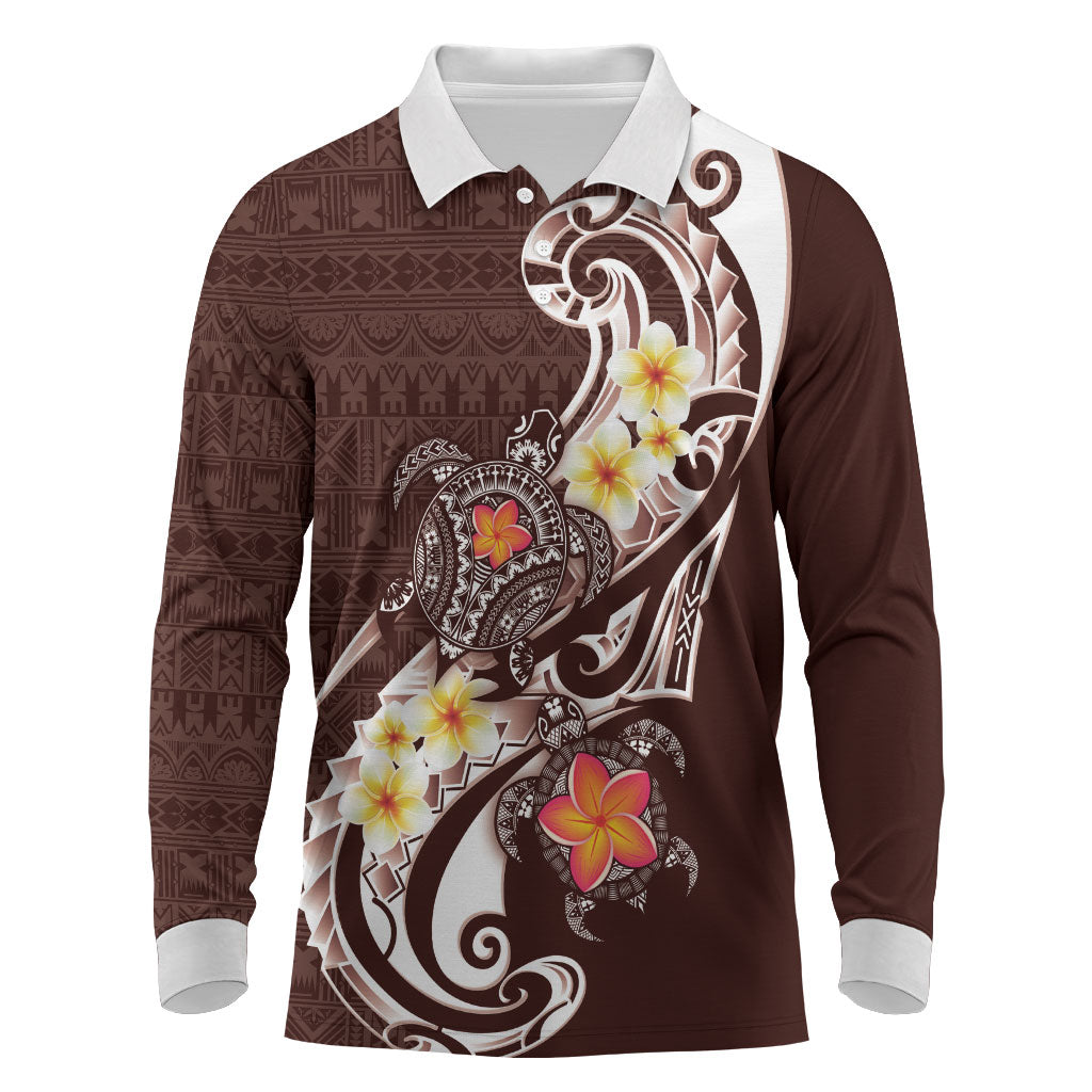 Bula Fiji Tapa Turtle Long Sleeve Polo Shirt Plumeria Fijian Masi Vonu Brown LT14 Brown - Polynesian Pride