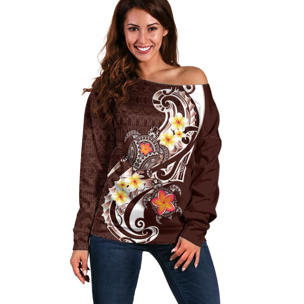 Bula Fiji Tapa Turtle Off Shoulder Sweater Plumeria Fijian Masi Vonu Brown