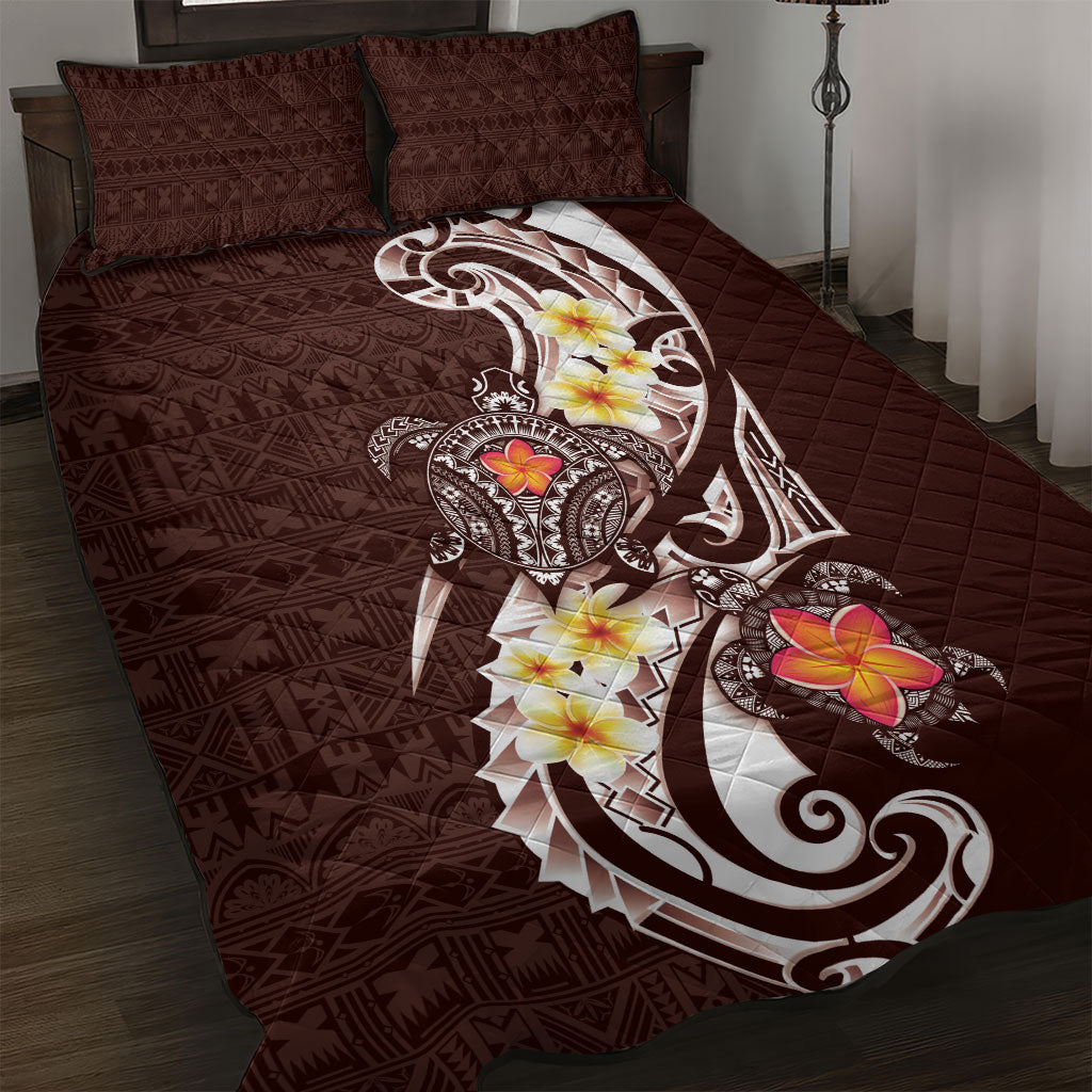 Bula Fiji Tapa Turtle Quilt Bed Set Plumeria Fijian Masi Vonu Brown