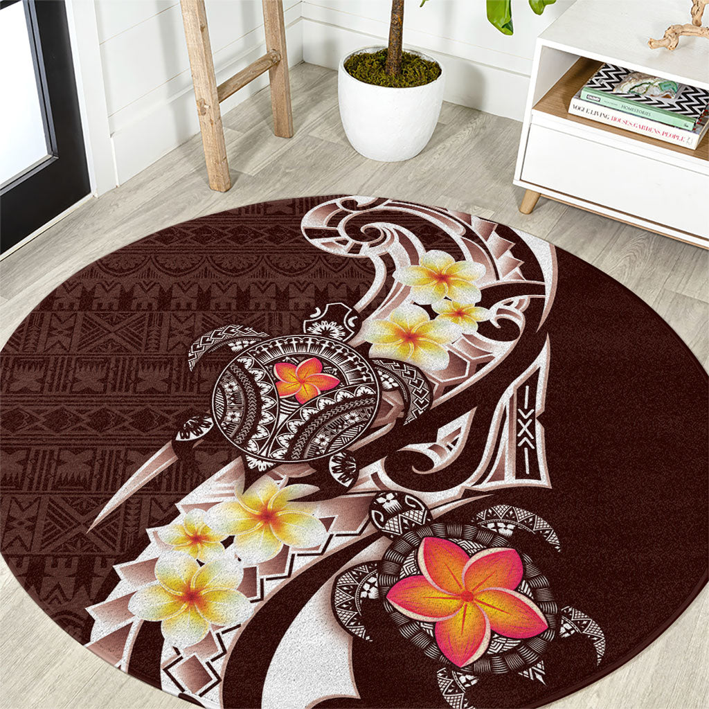 Bula Fiji Tapa Turtle Round Carpet Plumeria Fijian Masi Vonu Brown LT14 Brown - Polynesian Pride