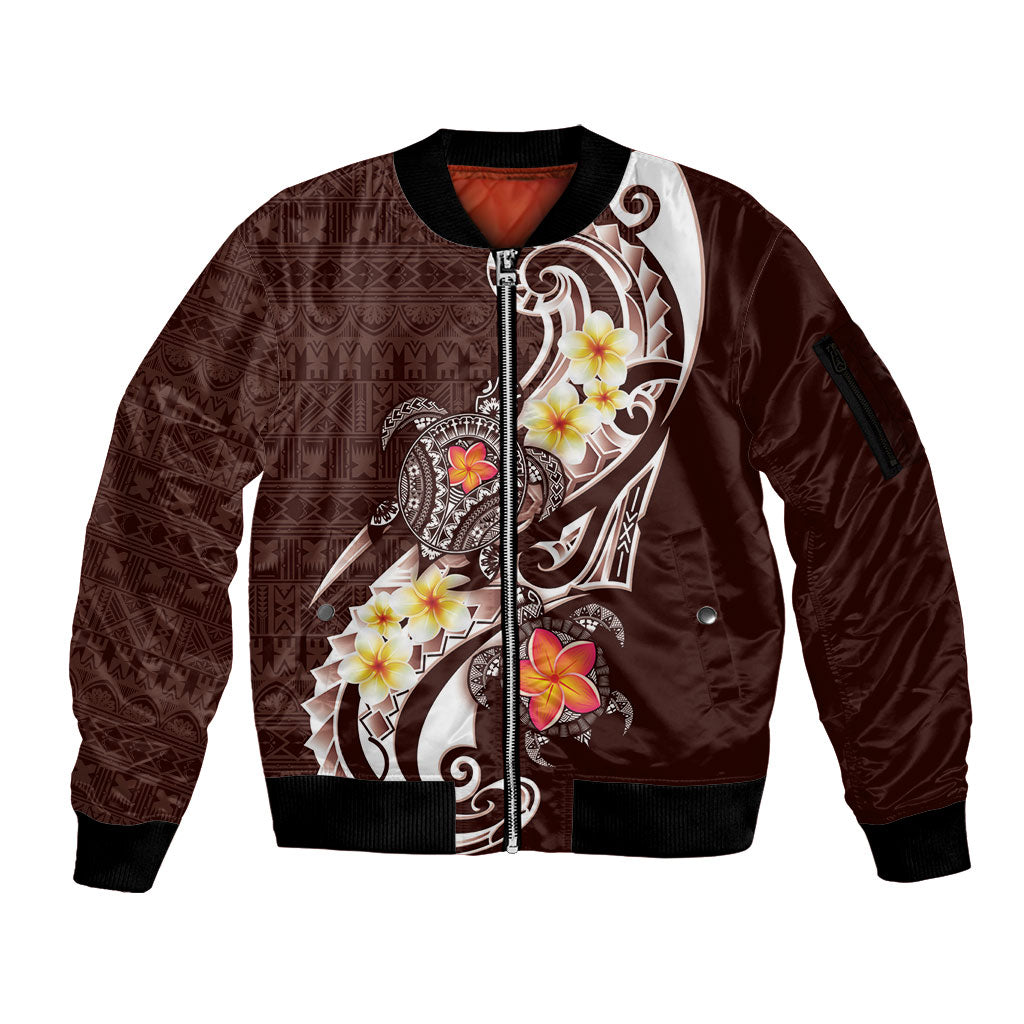 Bula Fiji Tapa Turtle Sleeve Zip Bomber Jacket Plumeria Fijian Masi Vonu Brown