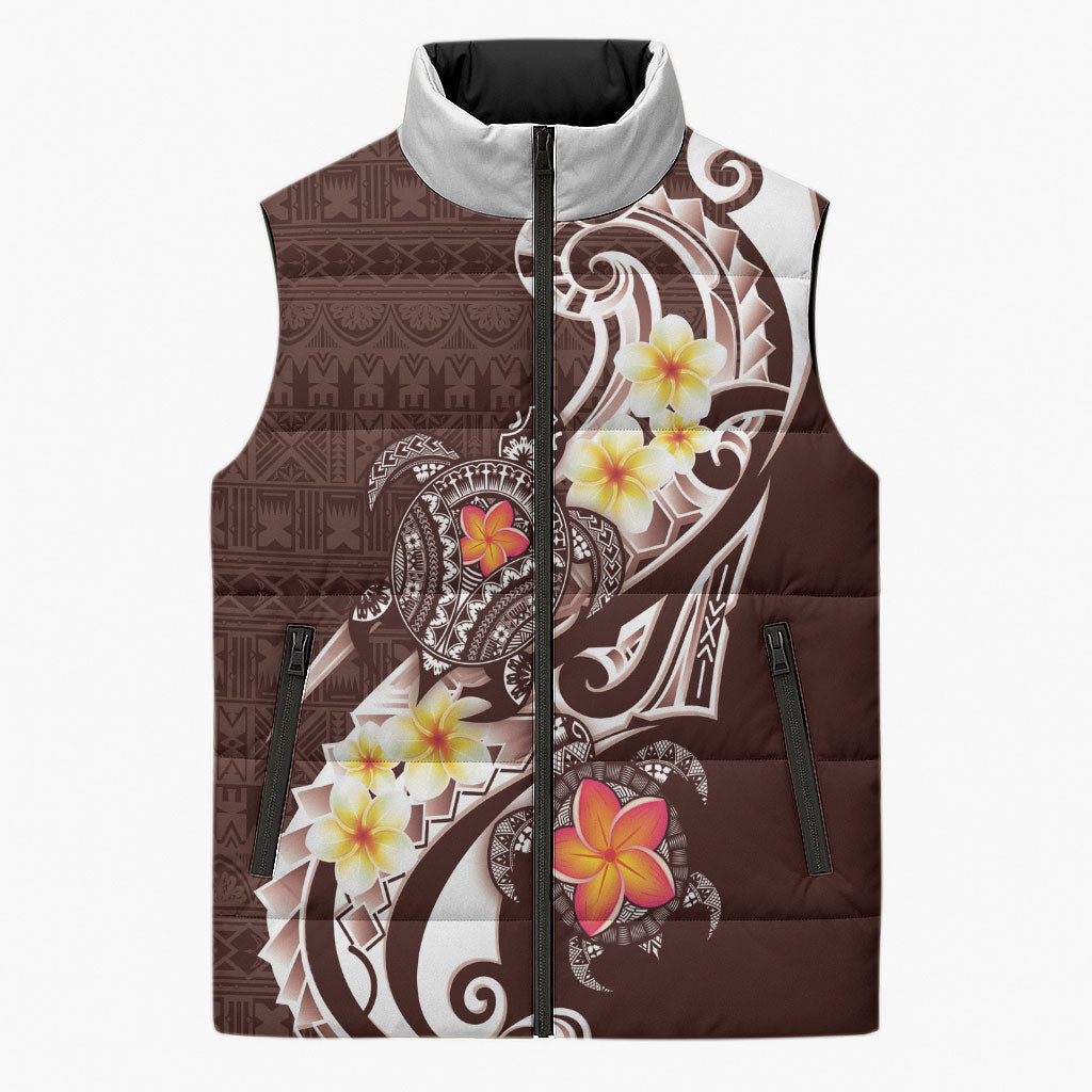 Bula Fiji Tapa Turtle Sleeveless Puffer Jacket Plumeria Fijian Masi Vonu Brown
