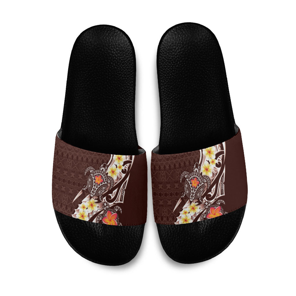 Bula Fiji Tapa Turtle Slide Sandals Plumeria Fijian Masi Vonu Brown