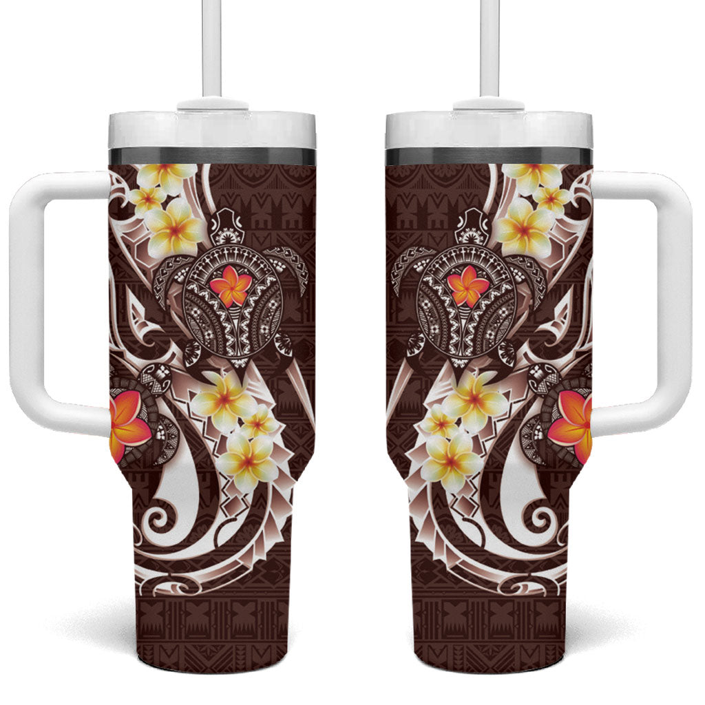 Bula Fiji Tapa Turtle Tumbler With Handle Plumeria Fijian Masi Vonu Brown