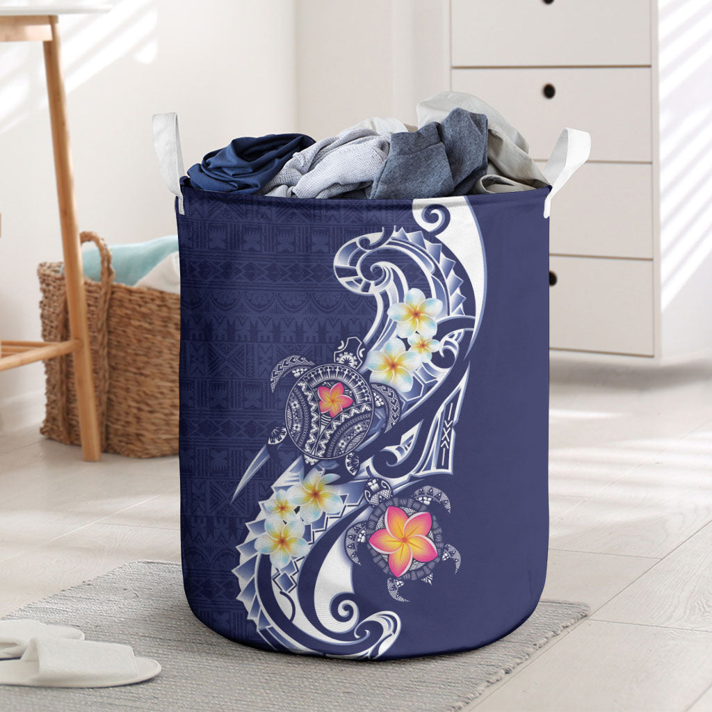 Bula Fiji Tapa Turtle Laundry Basket Plumeria Fijian Masi Vonu Midnight Blue
