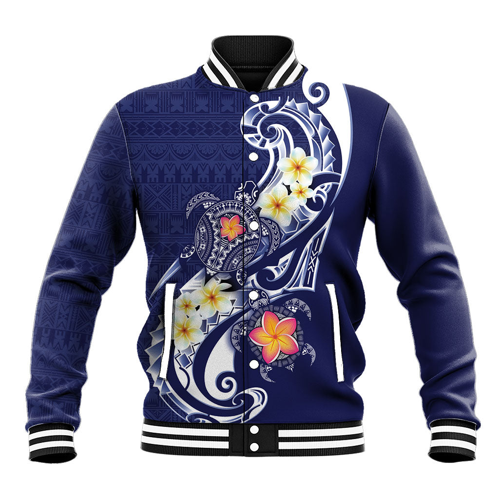 Bula Fiji Tapa Turtle Baseball Jacket Plumeria Fijian Masi Vonu Midnight Blue LT14 Unisex Midnight Blue - Polynesian Pride
