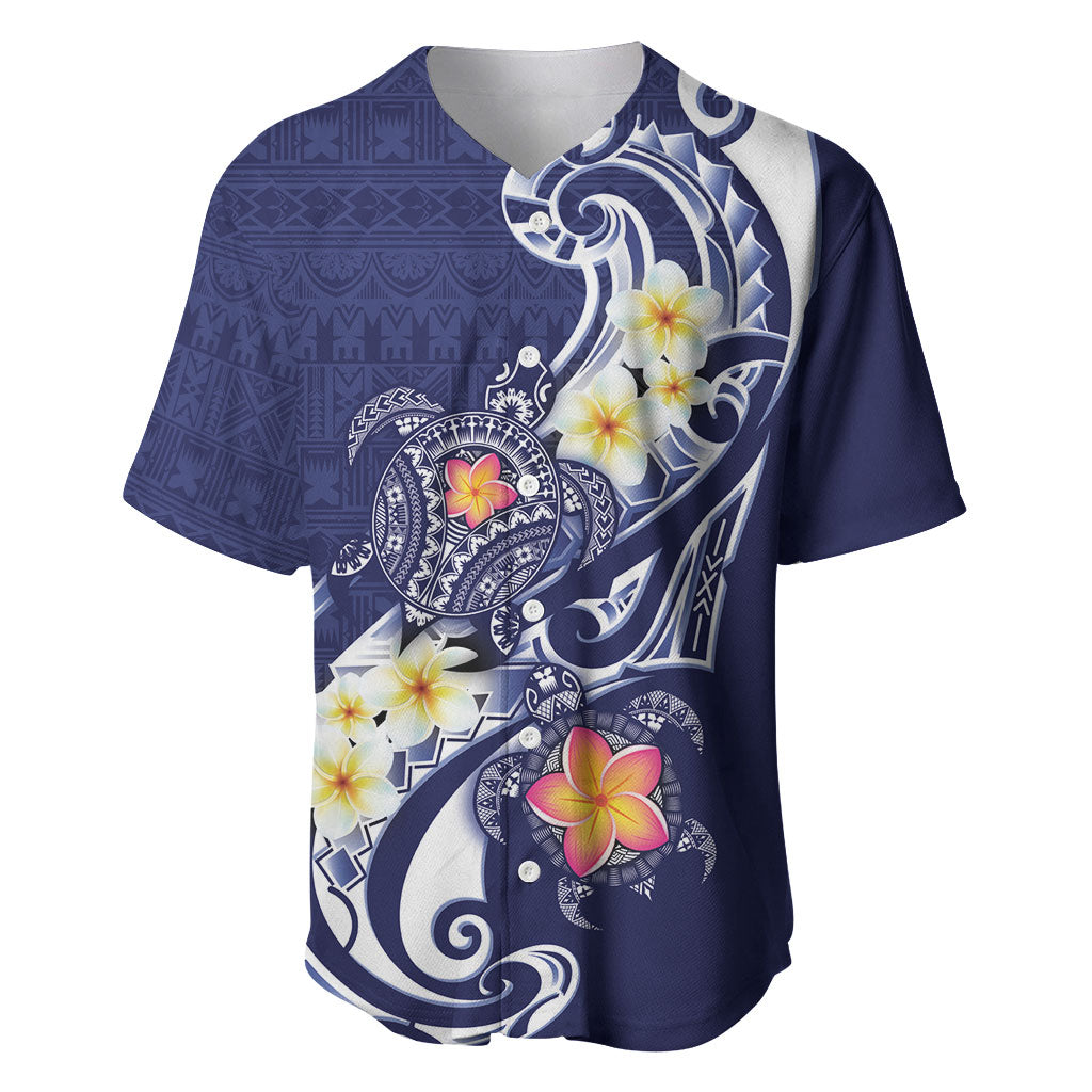 Bula Fiji Tapa Turtle Baseball Jersey Plumeria Fijian Masi Vonu Midnight Blue