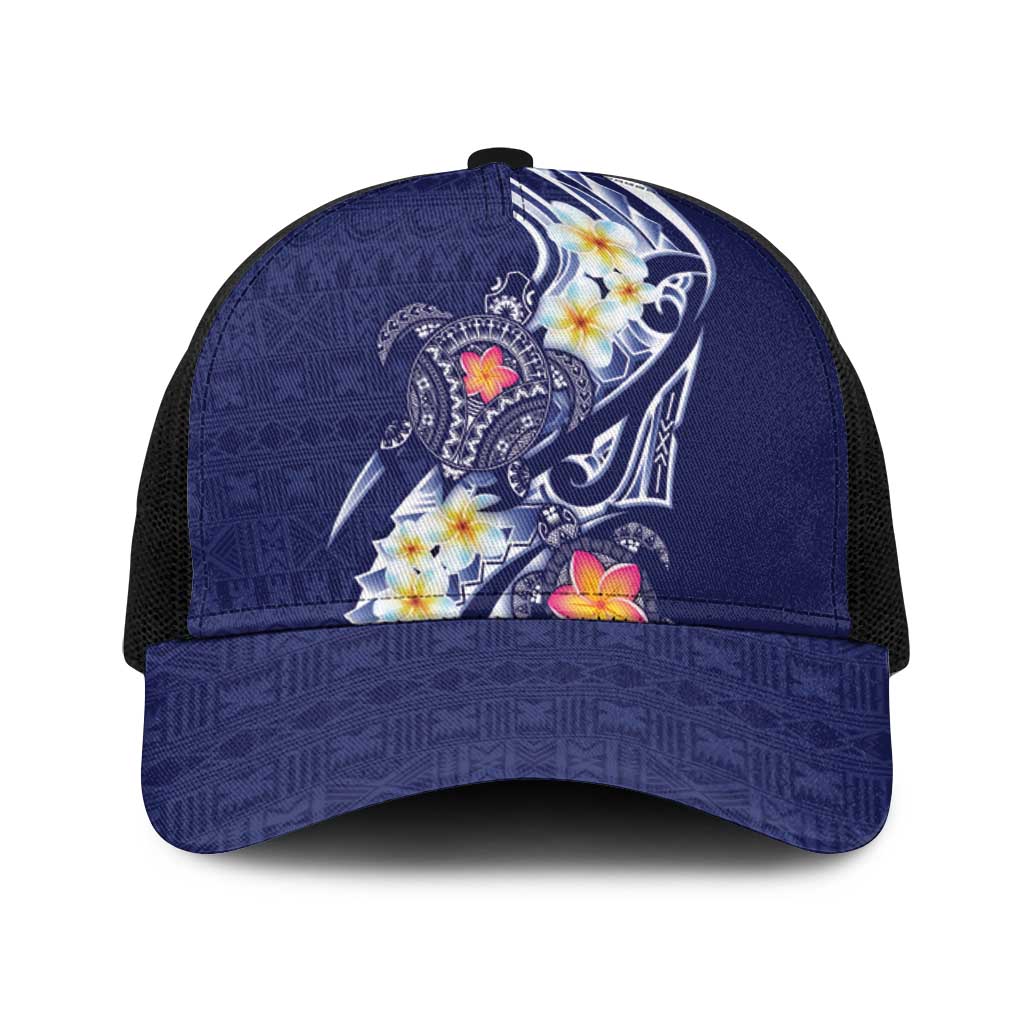 Bula Fiji Tapa Turtle Baseball Net Cap Plumeria Fijian Masi Vonu Midnight Blue