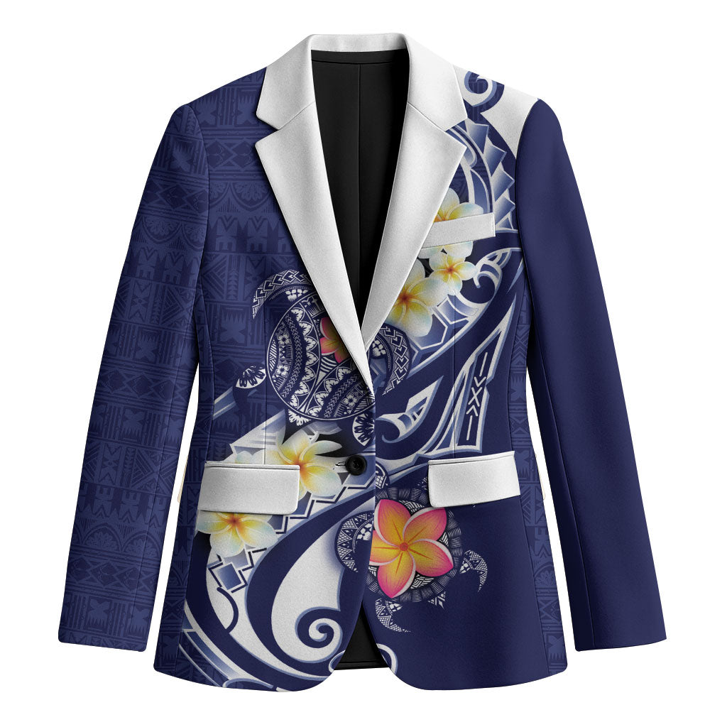 Bula Fiji Tapa Turtle Blazer Plumeria Fijian Masi Vonu Midnight Blue