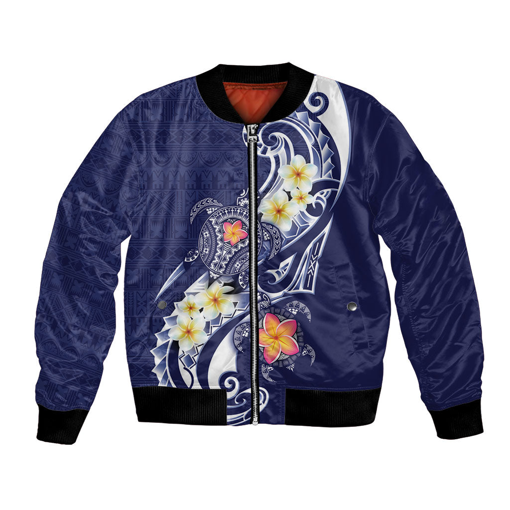 Bula Fiji Tapa Turtle Bomber Jacket Plumeria Fijian Masi Vonu Midnight Blue
