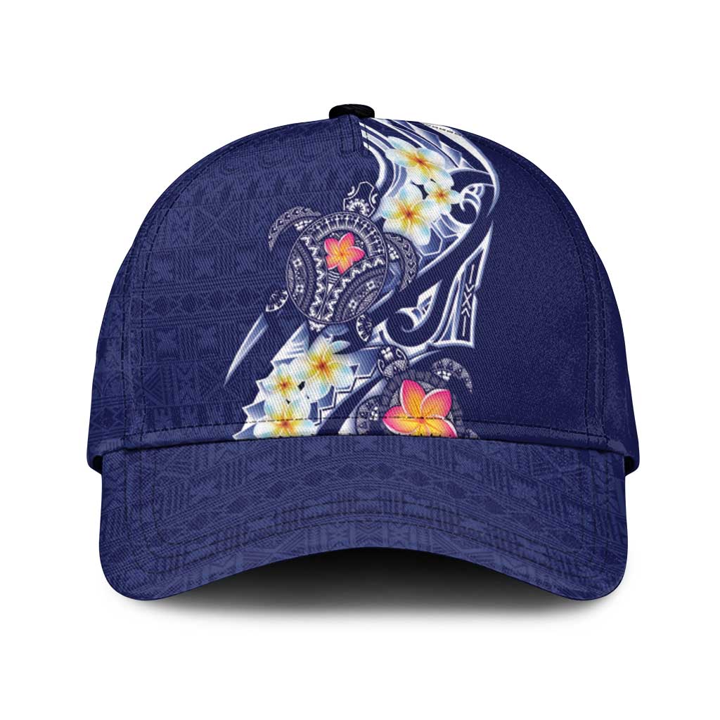 Bula Fiji Tapa Turtle Classic Cap Plumeria Fijian Masi Vonu Midnight Blue