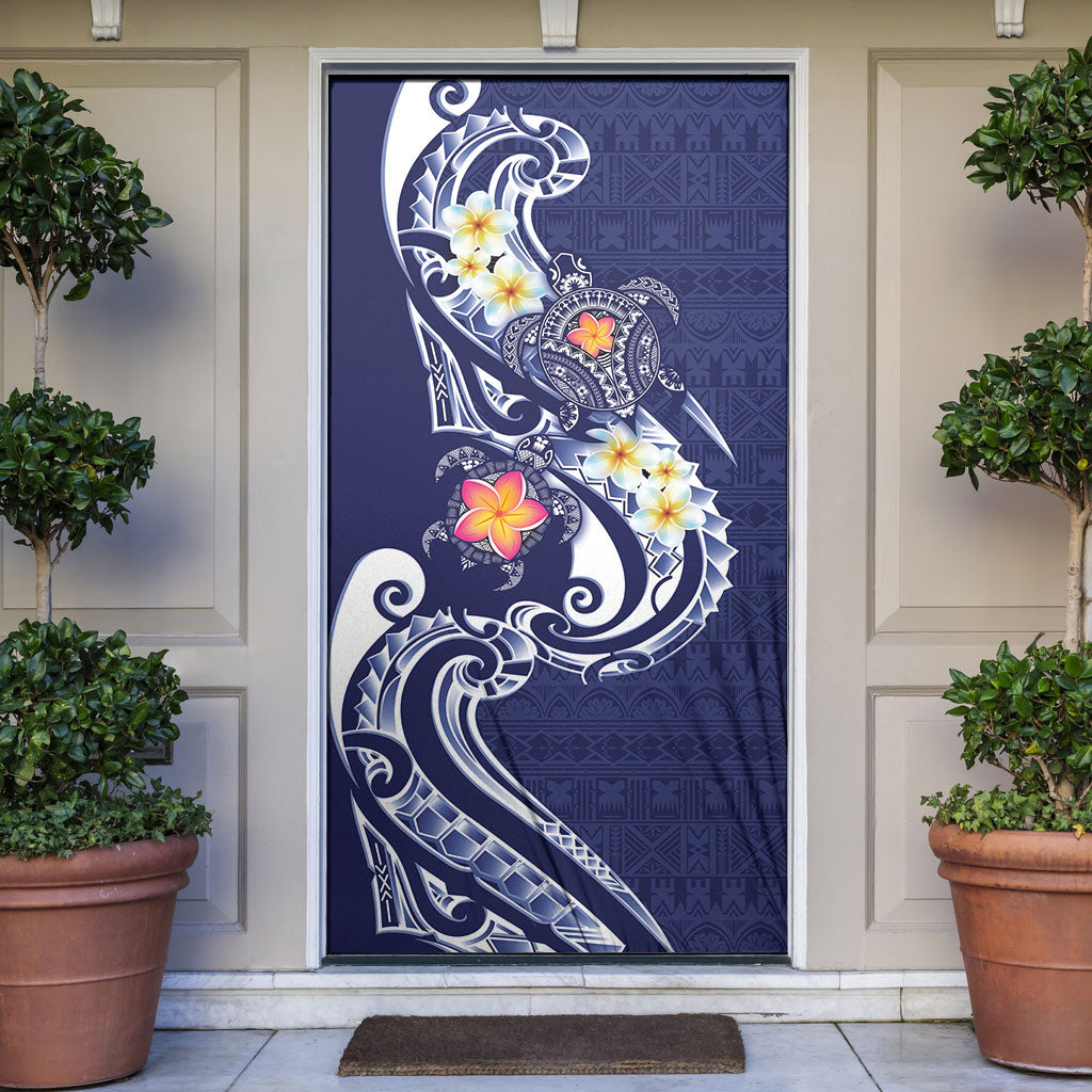 Bula Fiji Tapa Turtle Door Cover Plumeria Fijian Masi Vonu Midnight Blue