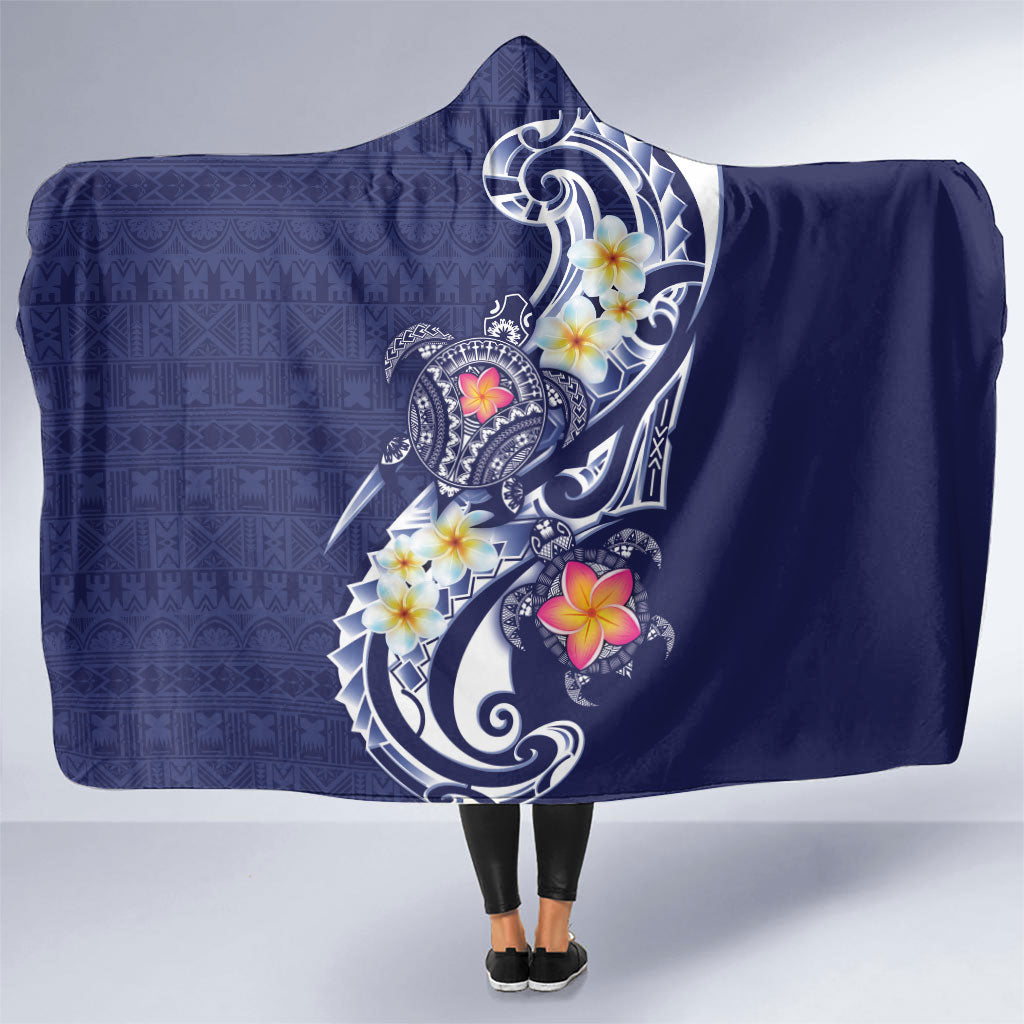Bula Fiji Tapa Turtle Hooded Blanket Plumeria Fijian Masi Vonu Midnight Blue LT14 One Size Midnight Blue - Polynesian Pride