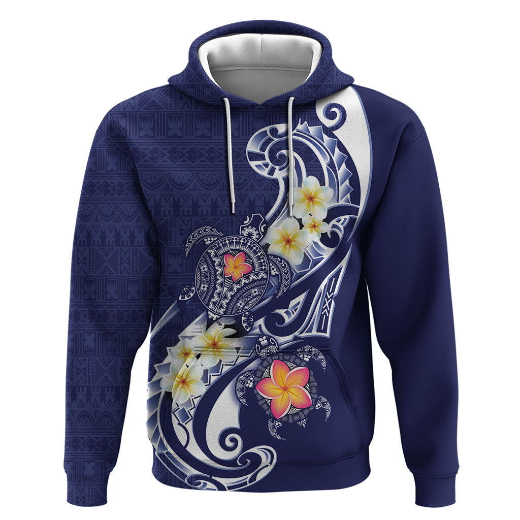 Bula Fiji Tapa Turtle Hoodie Plumeria Fijian Masi Vonu Midnight Blue LT14 Pullover Hoodie Midnight Blue - Polynesian Pride
