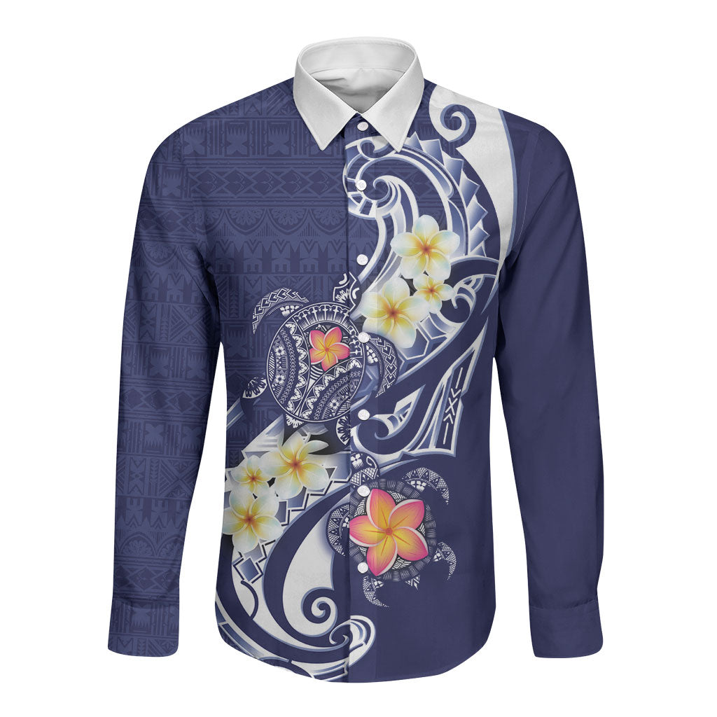 Bula Fiji Tapa Turtle Long Sleeve Button Shirt Plumeria Fijian Masi Vonu Midnight Blue