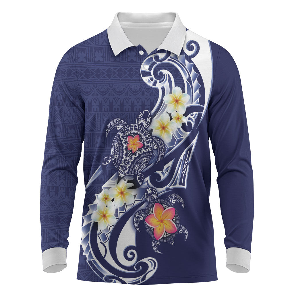 Bula Fiji Tapa Turtle Long Sleeve Polo Shirt Plumeria Fijian Masi Vonu Midnight Blue