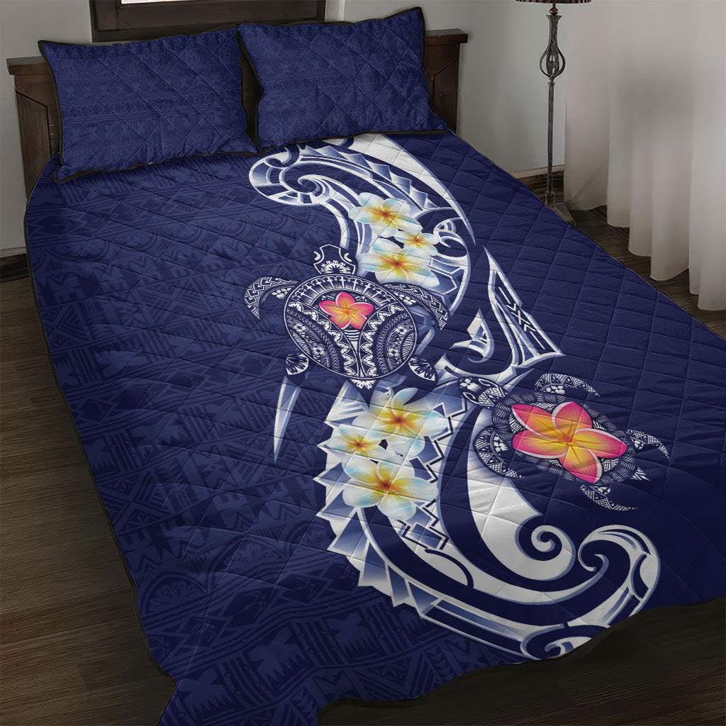 Bula Fiji Tapa Turtle Quilt Bed Set Plumeria Fijian Masi Vonu Midnight Blue