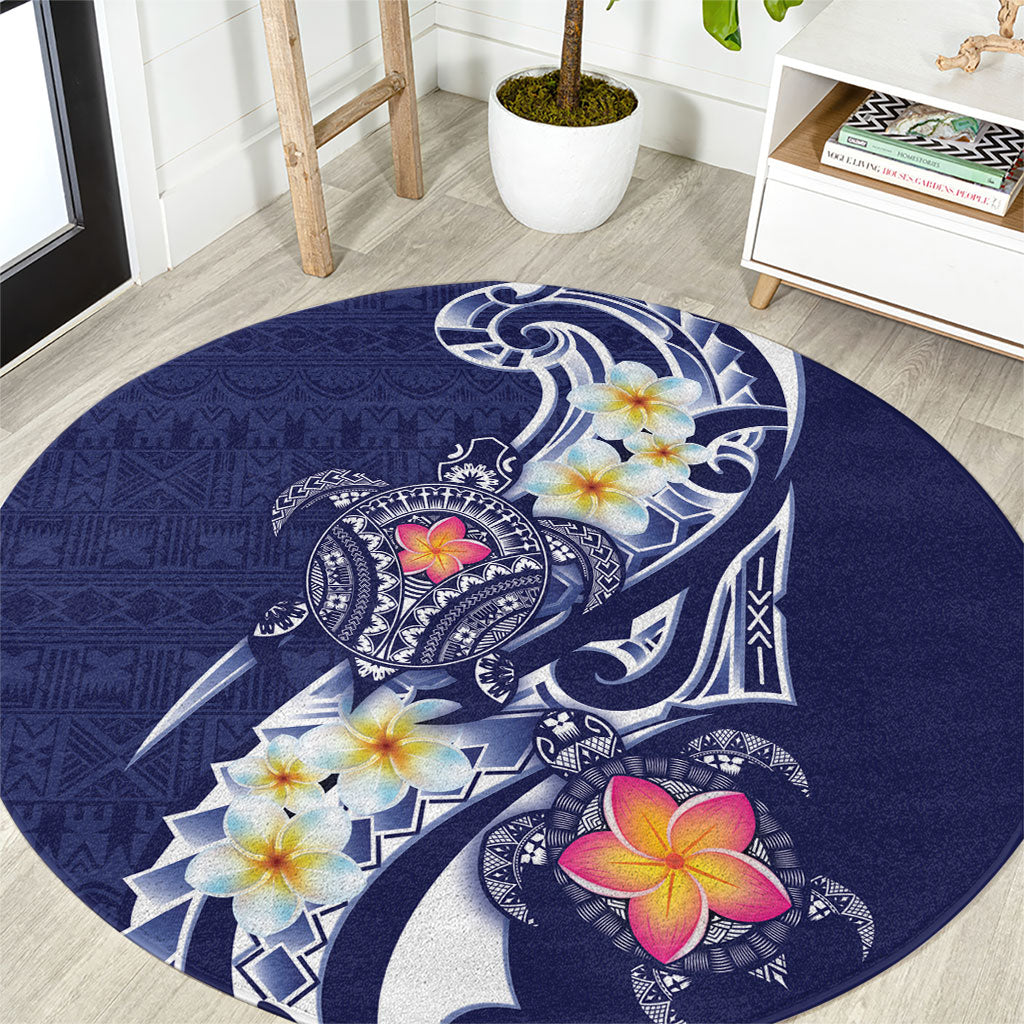 Bula Fiji Tapa Turtle Round Carpet Plumeria Fijian Masi Vonu Midnight Blue LT14 Midnight Blue - Polynesian Pride