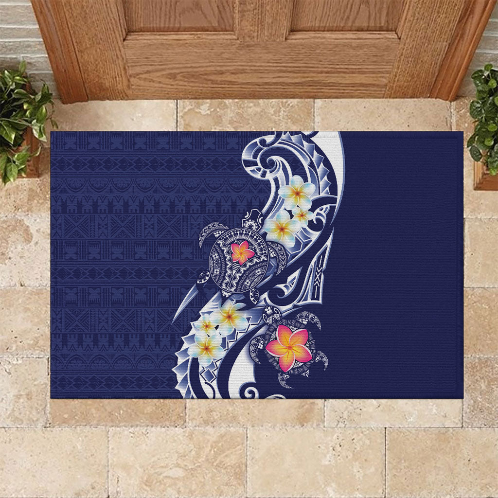 Bula Fiji Tapa Turtle Rubber Doormat Plumeria Fijian Masi Vonu Midnight Blue LT14 Midnight Blue - Polynesian Pride