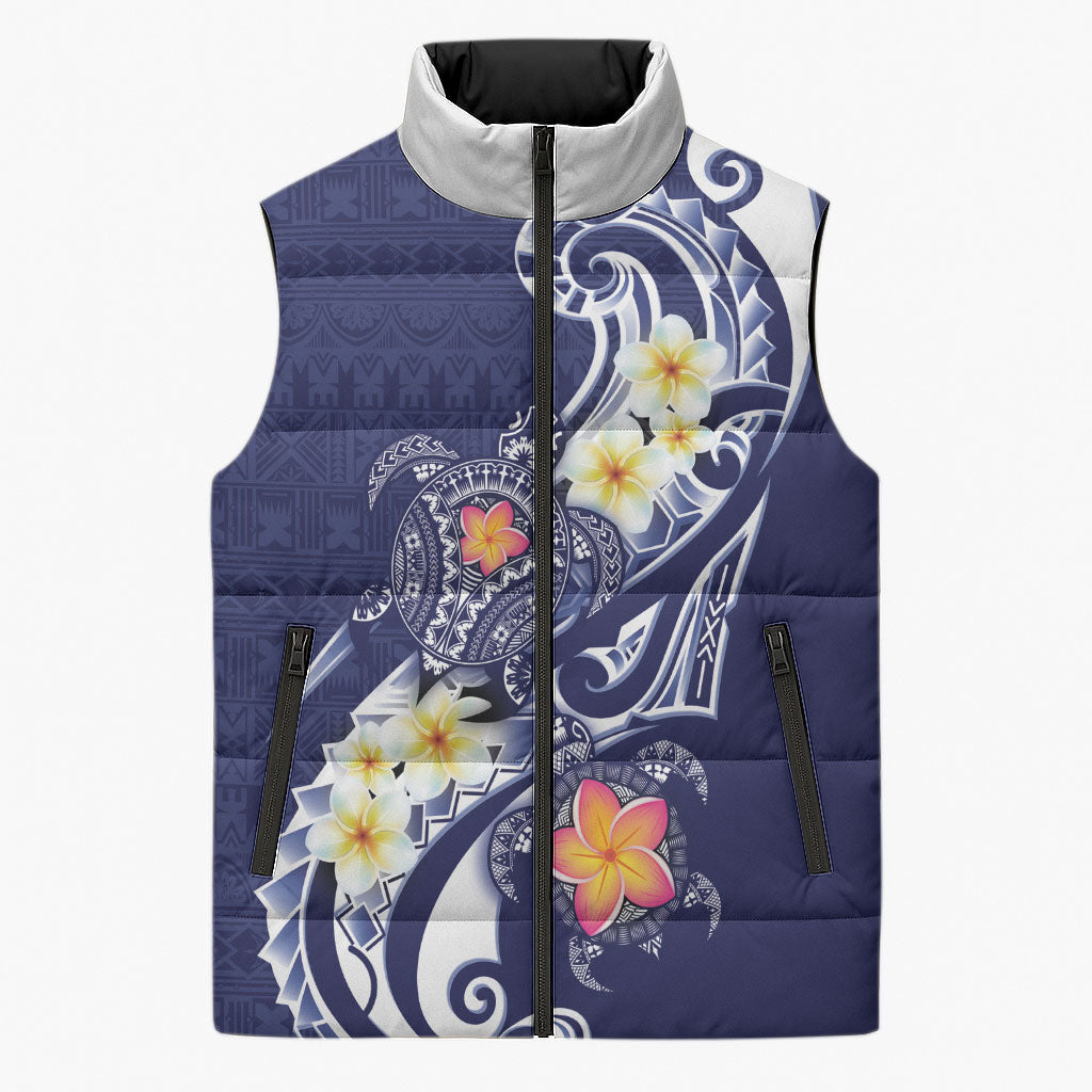 Bula Fiji Tapa Turtle Sleeveless Puffer Jacket Plumeria Fijian Masi Vonu Midnight Blue