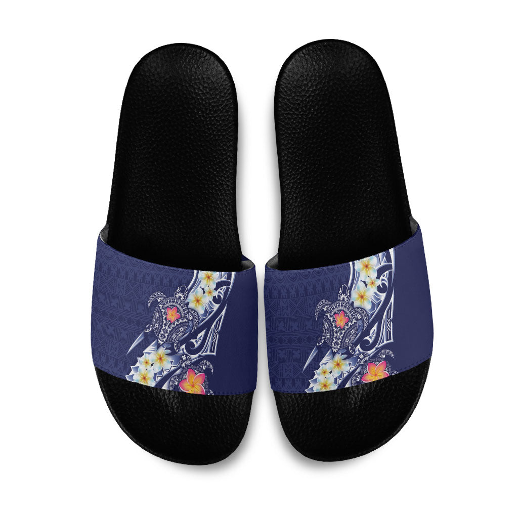 Bula Fiji Tapa Turtle Slide Sandals Plumeria Fijian Masi Vonu Midnight Blue