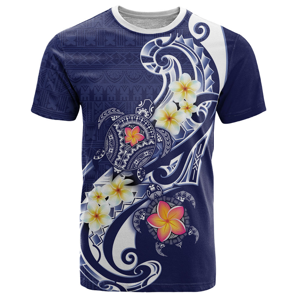Bula Fiji Tapa Turtle T Shirt Plumeria Fijian Masi Vonu Midnight Blue