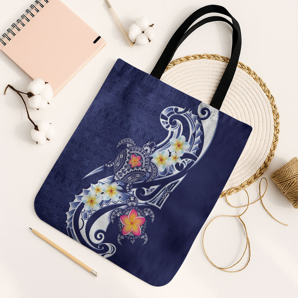 Bula Fiji Tapa Turtle Tote Bag Plumeria Fijian Masi Vonu Midnight Blue LT14 Black Strap One Size Midnight Blue - Polynesian Pride
