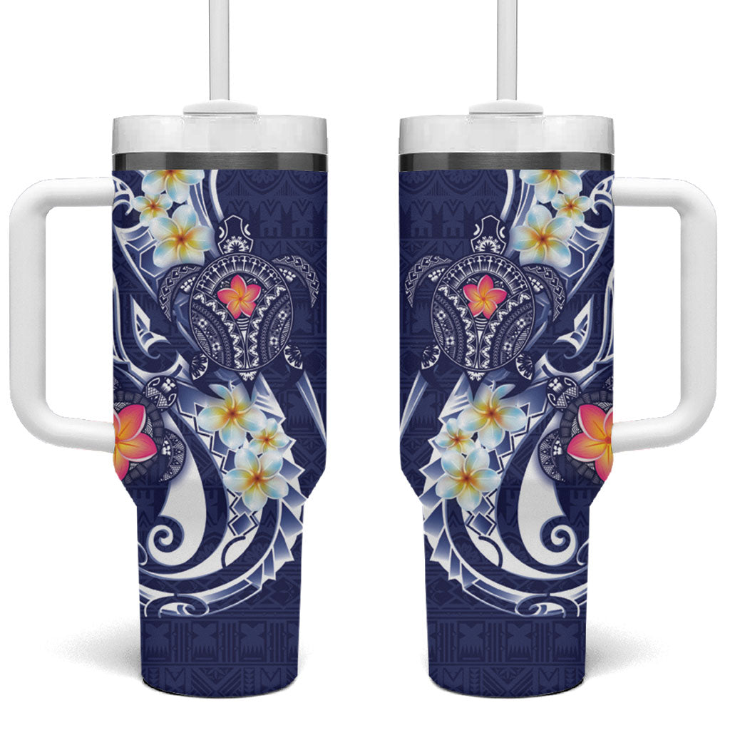 Bula Fiji Tapa Turtle Tumbler With Handle Plumeria Fijian Masi Vonu Midnight Blue