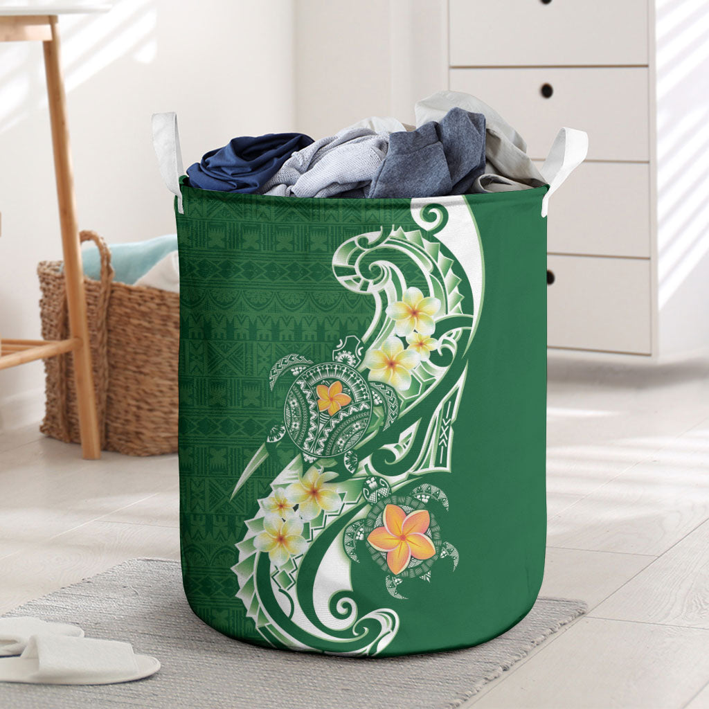 Bula Fiji Tapa Turtle Laundry Basket Plumeria Fijian Masi Vonu Green