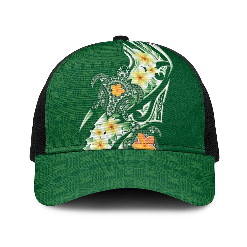 Bula Fiji Tapa Turtle Baseball Net Cap Plumeria Fijian Masi Vonu Green
