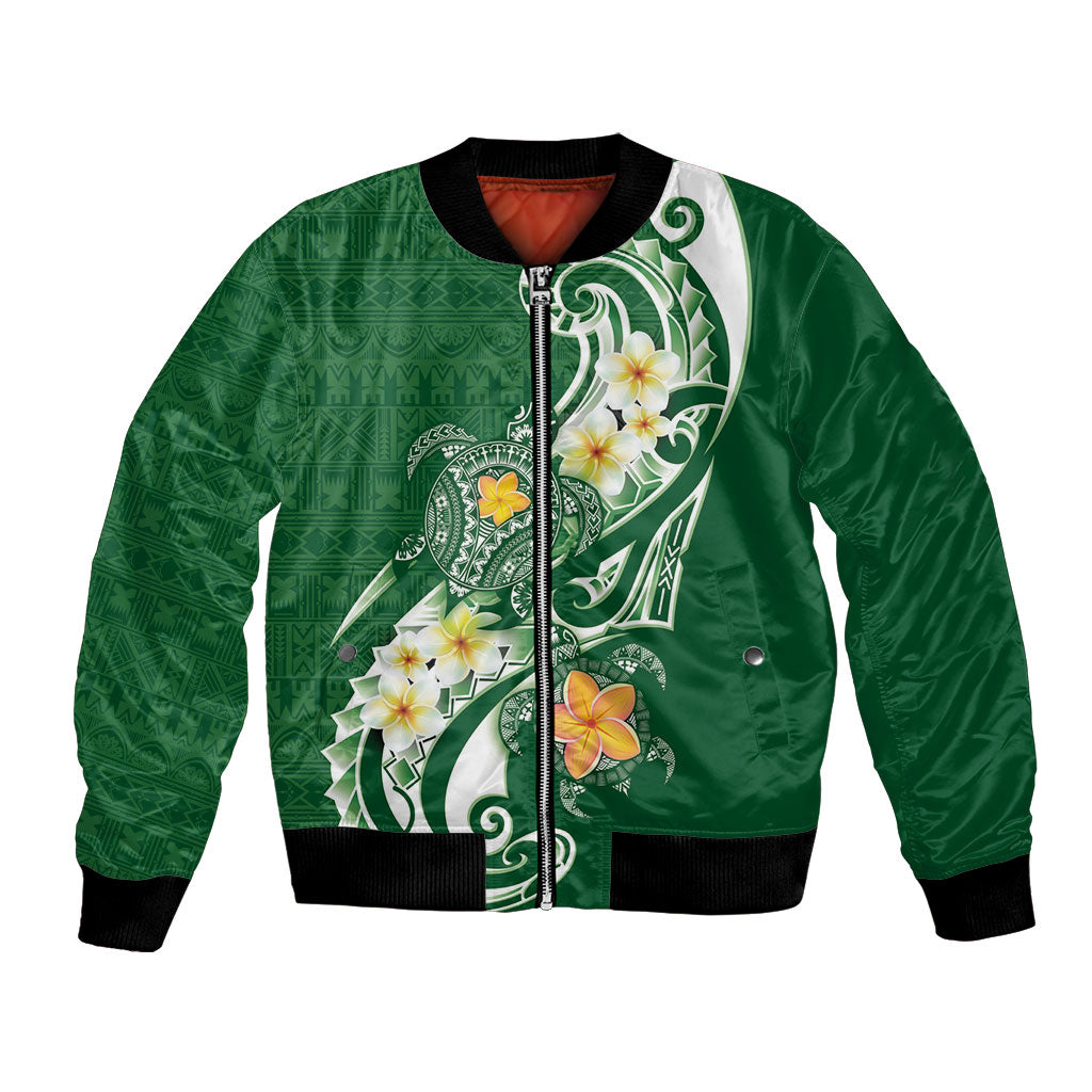 Bula Fiji Tapa Turtle Bomber Jacket Plumeria Fijian Masi Vonu Green