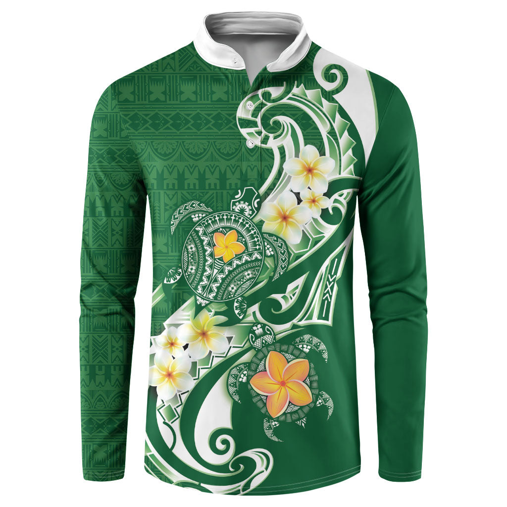 Bula Fiji Tapa Turtle Button Sweatshirt Plumeria Fijian Masi Vonu Green
