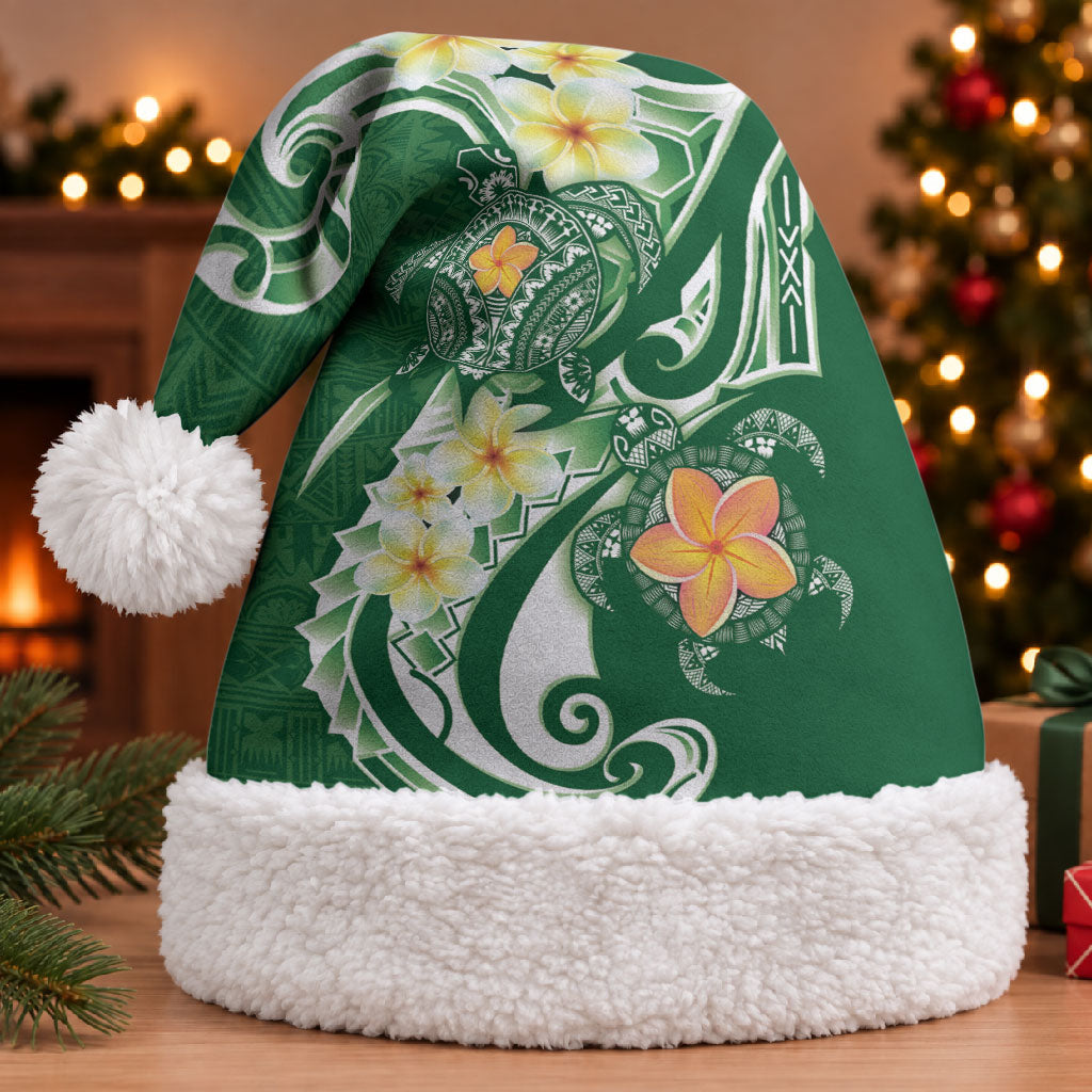 Bula Fiji Tapa Turtle Christmas Santa Hat Plumeria Fijian Masi Vonu Green LT14 With Fur Green - Polynesian Pride
